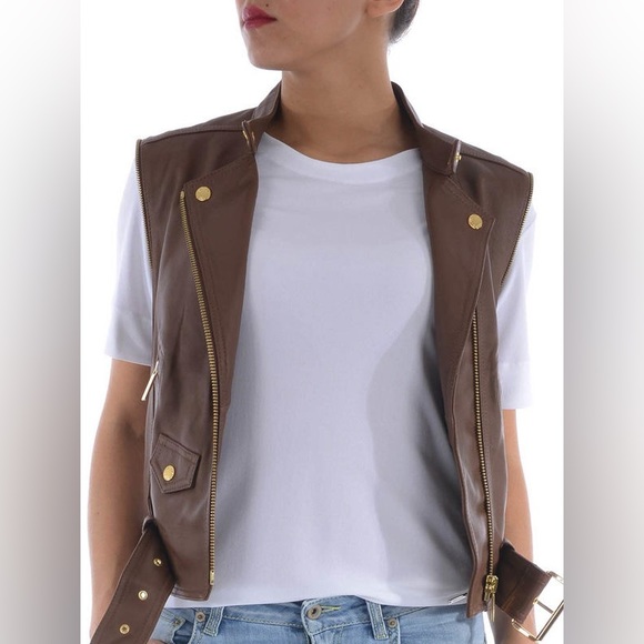 Michael Kors Biker 2 in 1 convertible vest brown leather jacket gold hardware - Picture 15 of 15